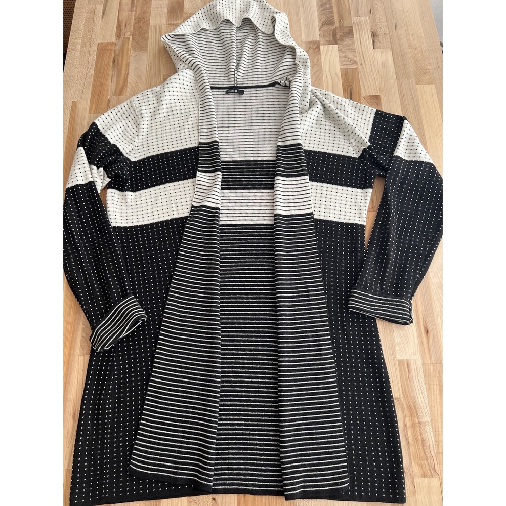 Bylyse Hooded Open Front Cardigan Cream & Black Striped Polka Dot Blouse XL